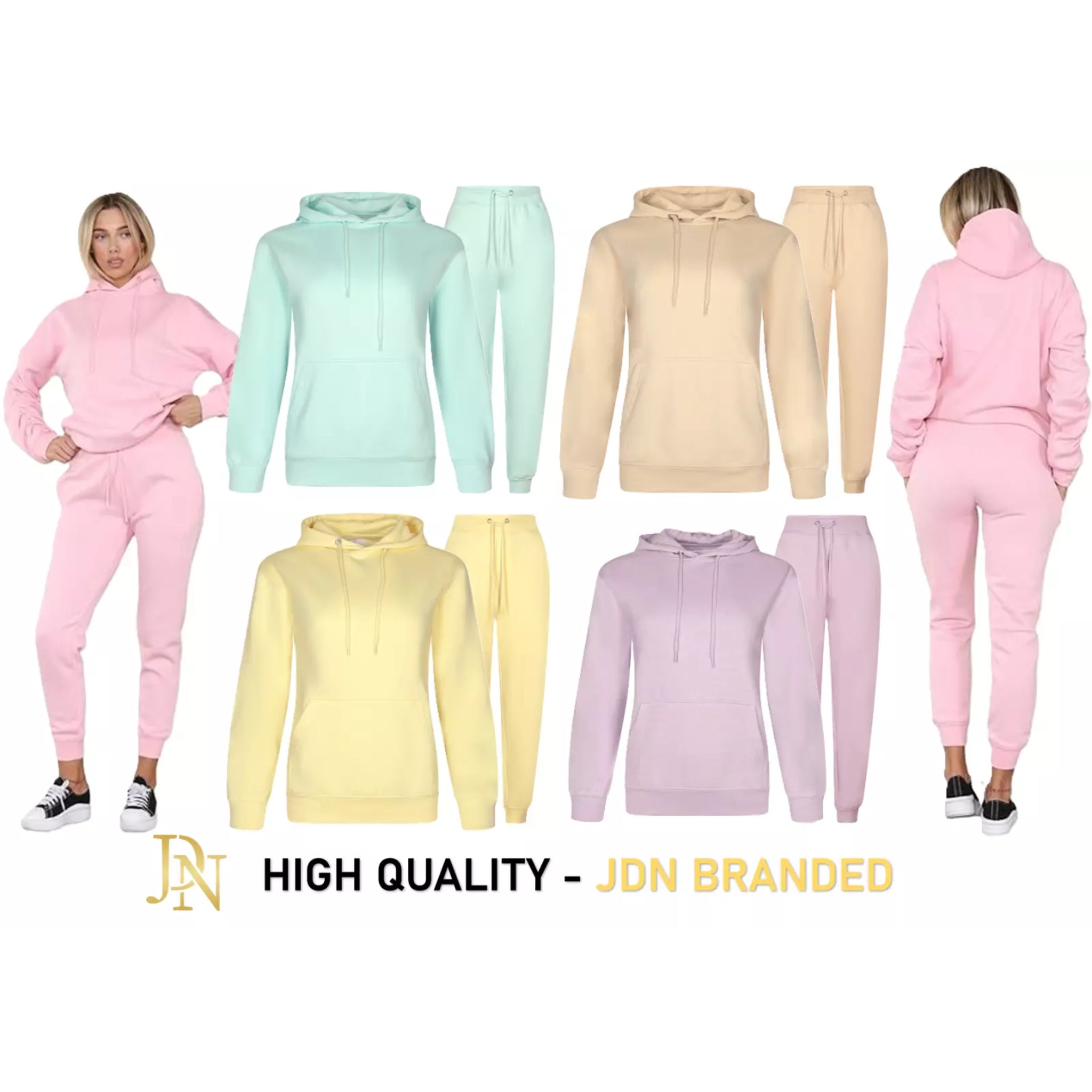 Ladies JDN branded plain beige, lemon, purple, mint and pink tracksuit set with hoodie and joggers – casual loungewear for women